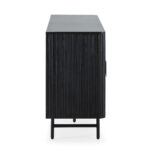 YONI Stealth Black Wood Sideboard with a complete black finish, slatted wood effect, sleek black metal handles, and ample storage space