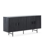 YONI Stealth Black Wood Sideboard with a complete black finish, slatted wood effect, sleek black metal handles, and ample storage space