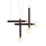 BENOÎT Suspended Ceiling Lamp with four lights, each capped with a white glass ball, featuring brass and black aluminium design.