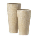 Medium-sized cream terracotta vase with intricate floral cutout design and wide opening