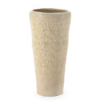 Large cream terracotta vase with intricate floral cutout design and tapered shape