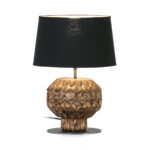 NISSI Carved Wooden Table Lamp with a brown wooden body and geometric carving, topped with a black lampshade, ideal for adding warmth and style to interiors.