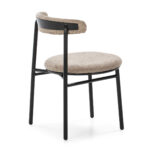 SILAS Beige and Black Dining Chair with a steel frame, circular padded seat, and curved padded backrest upholstered in premium speckled grey fabric. Product Code: TN5064801.