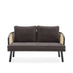 Dark fabric two-seat sofa with natural rattan accents and a modern, compact design