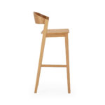 ERASTO Oak Wood Barstool with a curved backrest that folds elegantly around its back legs, inspired by Scandinavian design, providing extensive comfort for dining, drinking, or working at a counter desk.