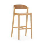 ERASTO Oak Wood Barstool with a curved backrest that folds elegantly around its back legs, inspired by Scandinavian design, providing extensive comfort for dining, drinking, or working at a counter desk.