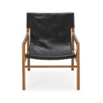 NOEMI Teak Wood and Leather Armchair with a natural solid teak wood frame and black leather sling seating, perfect for enhancing the style and comfort of living rooms, bedrooms, or study areas.