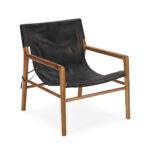 NOEMI Teak Wood and Leather Armchair with a natural solid teak wood frame and black leather sling seating, perfect for enhancing the style and comfort of living rooms, bedrooms, or study areas.