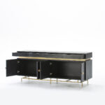 JESSEL Black and Gold Sideboard with a luxurious black finish, sleek gold metal base, square gold handles, and ample storage with four doors and four drawers.