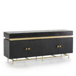 JESSEL Black and Gold Sideboard with a luxurious black finish, sleek gold metal base, square gold handles, and ample storage with four doors and four drawers.