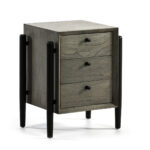 ITALO Grey Solid Wood Bedside Table with a sophisticated grey finish, black handles, and contemporary chunky legs that taper towards the bottom, ideal for enhancing bedroom style and functionality.