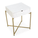 FAUSTO White Cedar and Gold Bedside Table with a contemporary gold cross frame and a single drawer top crafted from solid white cedar, perfect for enhancing bedroom style and functionality.