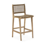 MIKAE teak barstool with woven rope seat, featuring a sleek design suitable for indoor and outdoor settings. Shop luxury quality wooden barstools at Louis & Henry