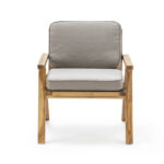 RAYMOND Grey Teak Wood Armchair featuring an angular teak frame with comfortable grey cushions, perfect for modern outdoor spaces.