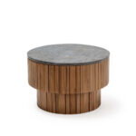 ÉMILE Coffee Table with a two-tiered cylindrical teak wood base and natural stone top. Shop now at Louis & Henry