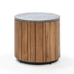 teak side table, natural stone furniture, sustainable design, indoor outdoor table, modern rustic decor, cylindrical table, mixed material furniture, contemporary side table, eco-friendly furniture, textured surface table. Shop luxury furniture at Louis & Henry