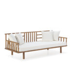 ELYEL modern teak outdoor sofa with white cushions on a clean background