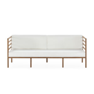 PAHALIAH Teak Outdoor Sofa with a teak wood frame and white cushions, measuring 180 cm width x 72 cm depth x 68 cm height. Shop now at Louis & Henry