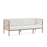 PAHALIAH Teak Outdoor Sofa with a teak wood frame and white cushions, measuring 180 cm width x 72 cm depth x 68 cm height. Shop high-end garden furniture at www.louisandhenry.co.uk