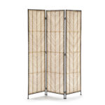 Folding room divider with a thin black frame and weaved wicker centers in a geometrical pattern, featuring three panels.