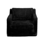 Plush black fabric armchair with a modern, boxy design