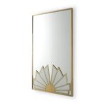 Rectangular gold-framed mirror with Art Deco sunburst design in lower right corner against white background