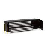 FIEN Black and White Glass Media Sideboard with striped glass panels, two large front drawers, side cupboard, and arched golden legs, perfect for elegant and modern interiors.