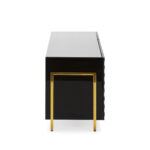 FIEN Black and White Glass Media Sideboard with striped glass panels, two large front drawers, side cupboard, and arched golden legs, perfect for elegant and modern interiors.