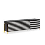 FIEN Black and White Glass Media Sideboard with striped glass panels, two large front drawers, side cupboard, and arched golden legs, perfect for elegant and modern interiors.