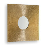 Square gold sunburst mirror with a carved wooden frame and a circular central mirror.