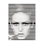 Black and white methacrylate wall art featuring a large image of a face with intense, staring eyes. The design includes dynamic strips running through the image, creating a dramatic effect.