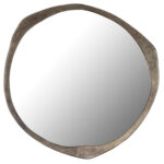 Large circular mirror with irregular antique gold frame against white background