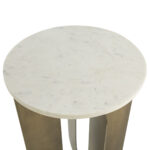 JOSEPH Marble and Antique Gold Side Table with a sculptural aged gold metal base and natural white marble top, measuring 41 cm width x 41 cm depth x 61 cm height.