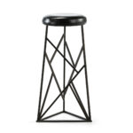 LUCIUS Black Geometrical Barstool with a black metal frame featuring a striking geometric pattern and a circular padded seat upholstered in high-quality leather-look material, ideal for adding a bold contemporary touch to kitchens, bar areas, or living rooms.