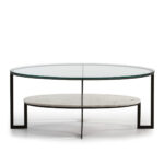 Oval glass coffee table with black metal frame and marble lower shelf