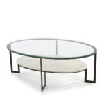 Oval glass coffee table with black metal frame and marble lower shelf