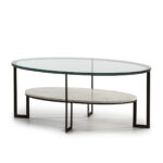 Oval glass coffee table with black metal frame and marble lower shelf