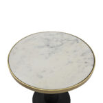 White marble coffee table with circular top, gold edge, and black base tube, elegant and contemporary furniture piece.