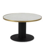 White marble coffee table with circular top, gold edge, and black base tube, elegant and contemporary furniture piece.