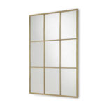 Large rectangular gold-framed mirror with nine window-like panels against white background. shop now at Louis & Henry