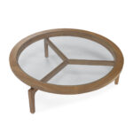 ÉTIENNE Natural Cedar Wood Coffee Table, round cedar wood table with glass inlay top and three-legged design, Product Code: TN5064814.