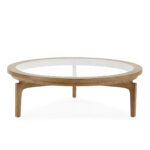 ÉTIENNE Natural Cedar Wood Coffee Table, round cedar wood table with glass inlay top and three-legged design, Product Code: TN5064814.