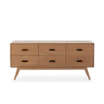 AMORA Cedar Wood Sideboard with Scandinavian design, featuring curved edges, slanted legs, six drawers, and dark handles.