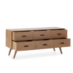 AMORA Cedar Wood Sideboard with Scandinavian design, featuring curved edges, slanted legs, six drawers, and dark handles.