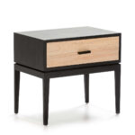 CARLO Cedar Wood Bedside Table with a solid cedar wood construction finished in black, a natural cedar wood drawer with a grey patina, perfect for enhancing bedroom style and functionality.