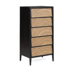 The CALIFORNIA Cedar Wood Tall Boy combines rustic charm with sophisticated design. This tall boy chest of drawers features solid black cedar wood construction with natural rattan fronts on five spacious drawers, perfect for enhancing any room.