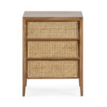 Louis & Henry: MARTINO Cedar Wood Bedside Table with a smooth cedar wood finish, natural graining detail, and three drawers with rattan front mesh, perfect for enhancing bedroom storage and style.