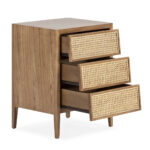 MARTINO Cedar Wood Bedside Table with a smooth cedar wood finish, natural graining detail, and three drawers with rattan front mesh, perfect for enhancing bedroom storage and style.