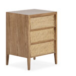 MARTINO Cedar Wood Bedside Table with a smooth cedar wood finish, natural graining detail, and three drawers with rattan front mesh, perfect for enhancing bedroom storage and style.