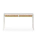 MONIQUE White Cedar Wood and Rattan Desk featuring two rattan-front drawers.